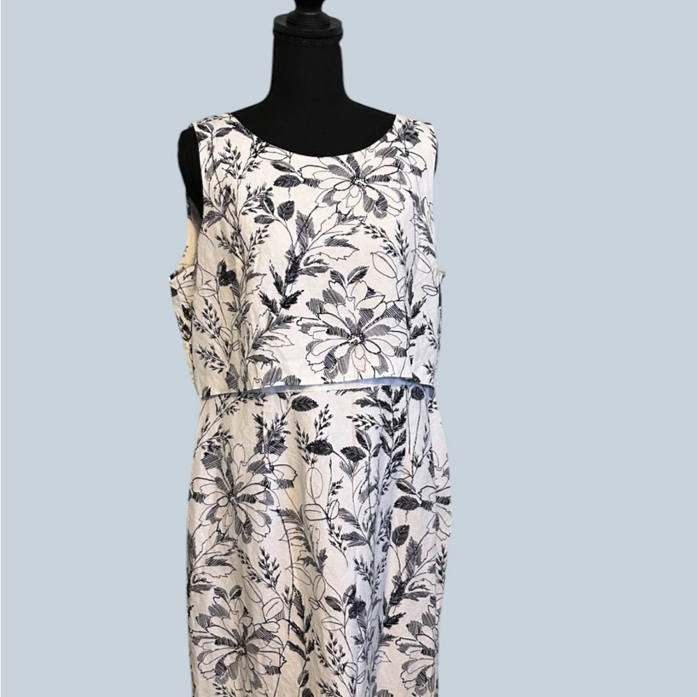 Ivanka Trump navy  Floral Print on White Midi Dress
